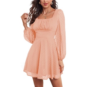 image:imageLYANER Womens Polka Dots Square Neck A line Long Sleeve Swiss Dots Mini DressLight Orange