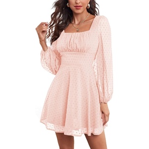 image:imageLYANER Womens Polka Dots Square Neck A line Long Sleeve Swiss Dots Mini DressLight Pink