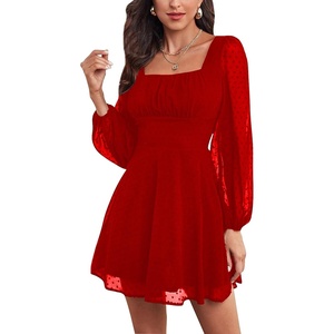 image:imageLYANER Womens Polka Dots Square Neck A line Long Sleeve Swiss Dots Mini DressRed