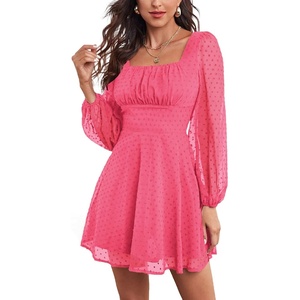 image:imageLYANER Womens Polka Dots Square Neck A line Long Sleeve Swiss Dots Mini DressRose Red