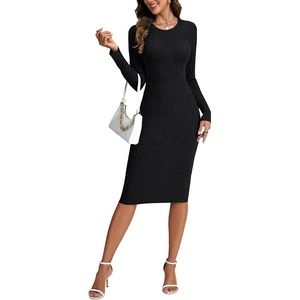image:imageLYANER Womens Ribbed Knit Slim Fit Crewneck Long Sleeve Casual Fall Bodycon Midi Dress Black XLarge