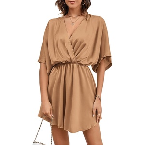 image:imageLYANER Womens Satin V Neck Twist Ruffle Flowy Swing Short Sleeve Elegant Mini DressBaby Light Brown