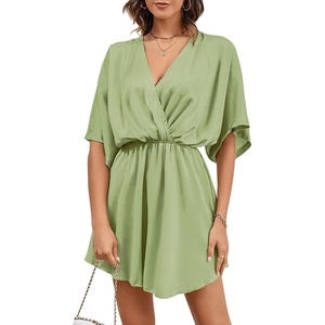 image:imageLYANER Womens Satin V Neck Twist Ruffle Flowy Swing Short Sleeve Elegant Mini DressPea Green