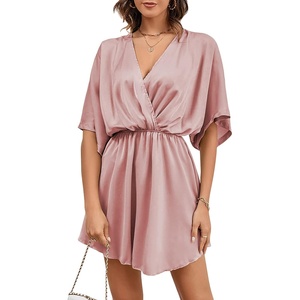image:imageLYANER Womens Satin V Neck Twist Ruffle Flowy Swing Short Sleeve Elegant Mini DressSolid Dusty Pink