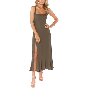 image:imageLYANER Womens Spaghetti Strap Square Neck Sleeveless High Waist Split Ruffle Hem Midi DressDark Khaki