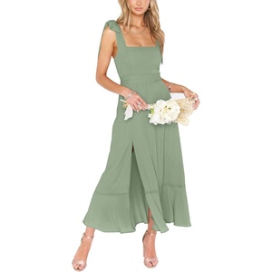 image:imageLYANER Womens Spaghetti Strap Square Neck Sleeveless High Waist Split Ruffle Hem Midi DressGreen