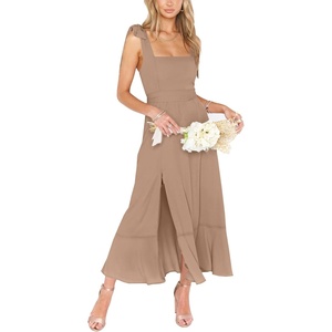 image:imageLYANER Womens Spaghetti Strap Square Neck Sleeveless High Waist Split Ruffle Hem Midi DressKhaki