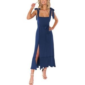 image:imageLYANER Womens Spaghetti Strap Square Neck Sleeveless High Waist Split Ruffle Hem Midi DressNavy Blue