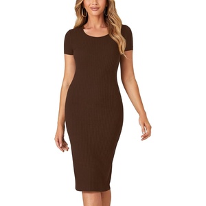 image:imageLYANER Womens Summer Round Neck Short Sleeve Ribbed Knit Bodycon Pencil Midi DressDark Brown