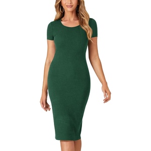 image:imageLYANER Womens Summer Round Neck Short Sleeve Ribbed Knit Bodycon Pencil Midi DressDark Green