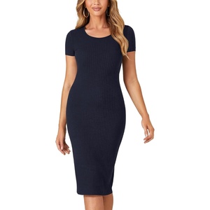 image:imageLYANER Womens Summer Round Neck Short Sleeve Ribbed Knit Bodycon Pencil Midi DressNavy Blue