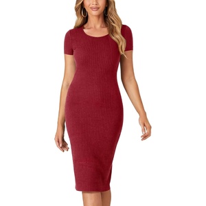image:imageLYANER Womens Summer Round Neck Short Sleeve Ribbed Knit Bodycon Pencil Midi DressWine Red