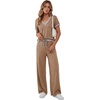 image:imageLYANER Womens 2 Piece Outfits Color Block V Neck Top and Wide Leg Pant Sets SuitLight Brown