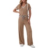 image:imageLYANER Womens 2 Piece Outfits Color Block V Neck Top and Wide Leg Pant Sets SuitLight Brown