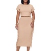 image:imageLYANER Womens 2 Piece Outfits Crew Neck Fringe Short Sleeve Crop Top and Tassel Trim Bodycon Midi Skirt SetChampagne
