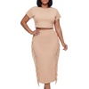 image:imageLYANER Womens 2 Piece Outfits Crew Neck Fringe Short Sleeve Crop Top and Tassel Trim Bodycon Midi Skirt SetChampagne
