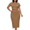 image:imageLYANER Womens 2 Piece Outfits Crew Neck Fringe Short Sleeve Crop Top and Tassel Trim Bodycon Midi Skirt SetDark Khaki