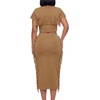 image:imageLYANER Womens 2 Piece Outfits Crew Neck Fringe Short Sleeve Crop Top and Tassel Trim Bodycon Midi Skirt SetDark Khaki