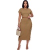 image:imageLYANER Womens 2 Piece Outfits Crew Neck Fringe Short Sleeve Crop Top and Tassel Trim Bodycon Midi Skirt SetDark Khaki