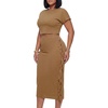 image:imageLYANER Womens 2 Piece Outfits Crew Neck Fringe Short Sleeve Crop Top and Tassel Trim Bodycon Midi Skirt SetDark Khaki