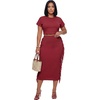 image:imageLYANER Womens 2 Piece Outfits Crew Neck Fringe Short Sleeve Crop Top and Tassel Trim Bodycon Midi Skirt SetDark Red