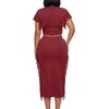 image:imageLYANER Womens 2 Piece Outfits Crew Neck Fringe Short Sleeve Crop Top and Tassel Trim Bodycon Midi Skirt SetDark Red