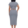 image:imageLYANER Womens 2 Piece Outfits Crew Neck Fringe Short Sleeve Crop Top and Tassel Trim Bodycon Midi Skirt SetDenim Blue