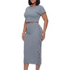 image:imageLYANER Womens 2 Piece Outfits Crew Neck Fringe Short Sleeve Crop Top and Tassel Trim Bodycon Midi Skirt SetDenim Blue
