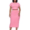 image:imageLYANER Womens 2 Piece Outfits Crew Neck Fringe Short Sleeve Crop Top and Tassel Trim Bodycon Midi Skirt SetDrak Pink