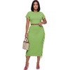 image:imageLYANER Womens 2 Piece Outfits Crew Neck Fringe Short Sleeve Crop Top and Tassel Trim Bodycon Midi Skirt SetGrass Green