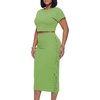 image:imageLYANER Womens 2 Piece Outfits Crew Neck Fringe Short Sleeve Crop Top and Tassel Trim Bodycon Midi Skirt SetGrass Green