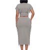 image:imageLYANER Womens 2 Piece Outfits Crew Neck Fringe Short Sleeve Crop Top and Tassel Trim Bodycon Midi Skirt SetGray