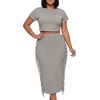 image:imageLYANER Womens 2 Piece Outfits Crew Neck Fringe Short Sleeve Crop Top and Tassel Trim Bodycon Midi Skirt SetGray
