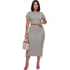 image:imageLYANER Womens 2 Piece Outfits Crew Neck Fringe Short Sleeve Crop Top and Tassel Trim Bodycon Midi Skirt SetGray