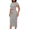 image:imageLYANER Womens 2 Piece Outfits Crew Neck Fringe Short Sleeve Crop Top and Tassel Trim Bodycon Midi Skirt SetGray