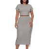 image:imageLYANER Womens 2 Piece Outfits Crew Neck Fringe Short Sleeve Crop Top and Tassel Trim Bodycon Midi Skirt SetGray