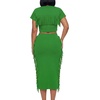 image:imageLYANER Womens 2 Piece Outfits Crew Neck Fringe Short Sleeve Crop Top and Tassel Trim Bodycon Midi Skirt SetGreen