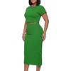 image:imageLYANER Womens 2 Piece Outfits Crew Neck Fringe Short Sleeve Crop Top and Tassel Trim Bodycon Midi Skirt SetGreen