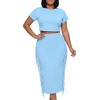 image:imageLYANER Womens 2 Piece Outfits Crew Neck Fringe Short Sleeve Crop Top and Tassel Trim Bodycon Midi Skirt SetLight Blue