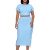 image:imageLYANER Womens 2 Piece Outfits Crew Neck Fringe Short Sleeve Crop Top and Tassel Trim Bodycon Midi Skirt SetLight Blue