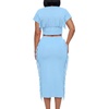 image:imageLYANER Womens 2 Piece Outfits Crew Neck Fringe Short Sleeve Crop Top and Tassel Trim Bodycon Midi Skirt SetLight Blue