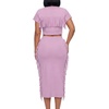 image:imageLYANER Womens 2 Piece Outfits Crew Neck Fringe Short Sleeve Crop Top and Tassel Trim Bodycon Midi Skirt SetLight Purple