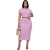 image:imageLYANER Womens 2 Piece Outfits Crew Neck Fringe Short Sleeve Crop Top and Tassel Trim Bodycon Midi Skirt SetLight Purple
