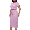 image:imageLYANER Womens 2 Piece Outfits Crew Neck Fringe Short Sleeve Crop Top and Tassel Trim Bodycon Midi Skirt SetLight Purple