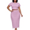 image:imageLYANER Womens 2 Piece Outfits Crew Neck Fringe Short Sleeve Crop Top and Tassel Trim Bodycon Midi Skirt SetLight Purple