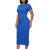 image:imageLYANER Womens 2 Piece Outfits Crew Neck Fringe Short Sleeve Crop Top and Tassel Trim Bodycon Midi Skirt SetLight Royal Blue