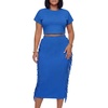 image:imageLYANER Womens 2 Piece Outfits Crew Neck Fringe Short Sleeve Crop Top and Tassel Trim Bodycon Midi Skirt SetLight Royal Blue