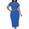 image:imageLYANER Womens 2 Piece Outfits Crew Neck Fringe Short Sleeve Crop Top and Tassel Trim Bodycon Midi Skirt SetLight Royal Blue