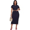 image:imageLYANER Womens 2 Piece Outfits Crew Neck Fringe Short Sleeve Crop Top and Tassel Trim Bodycon Midi Skirt SetNavy Blue
