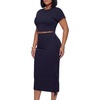 image:imageLYANER Womens 2 Piece Outfits Crew Neck Fringe Short Sleeve Crop Top and Tassel Trim Bodycon Midi Skirt SetNavy Blue
